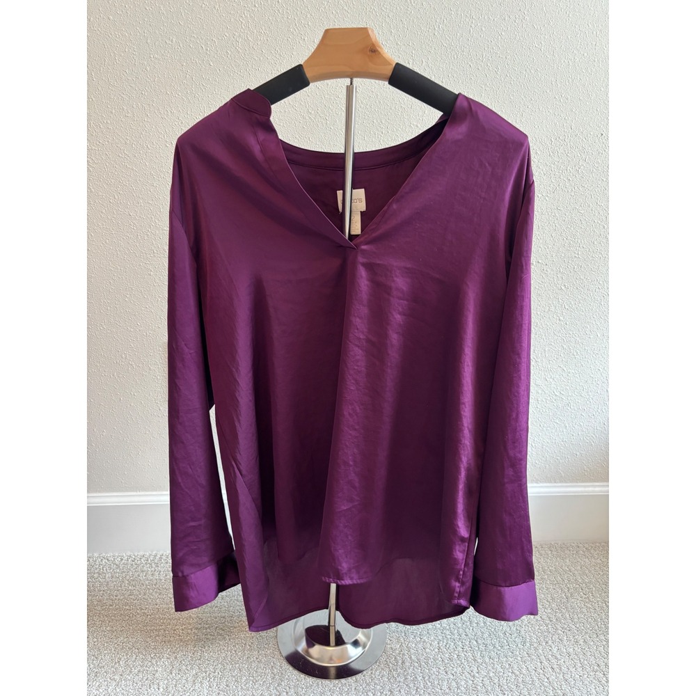 Chico's Satin High-Low Tunic 2 Purple V-Neck Long Sleeve Silky Work Top